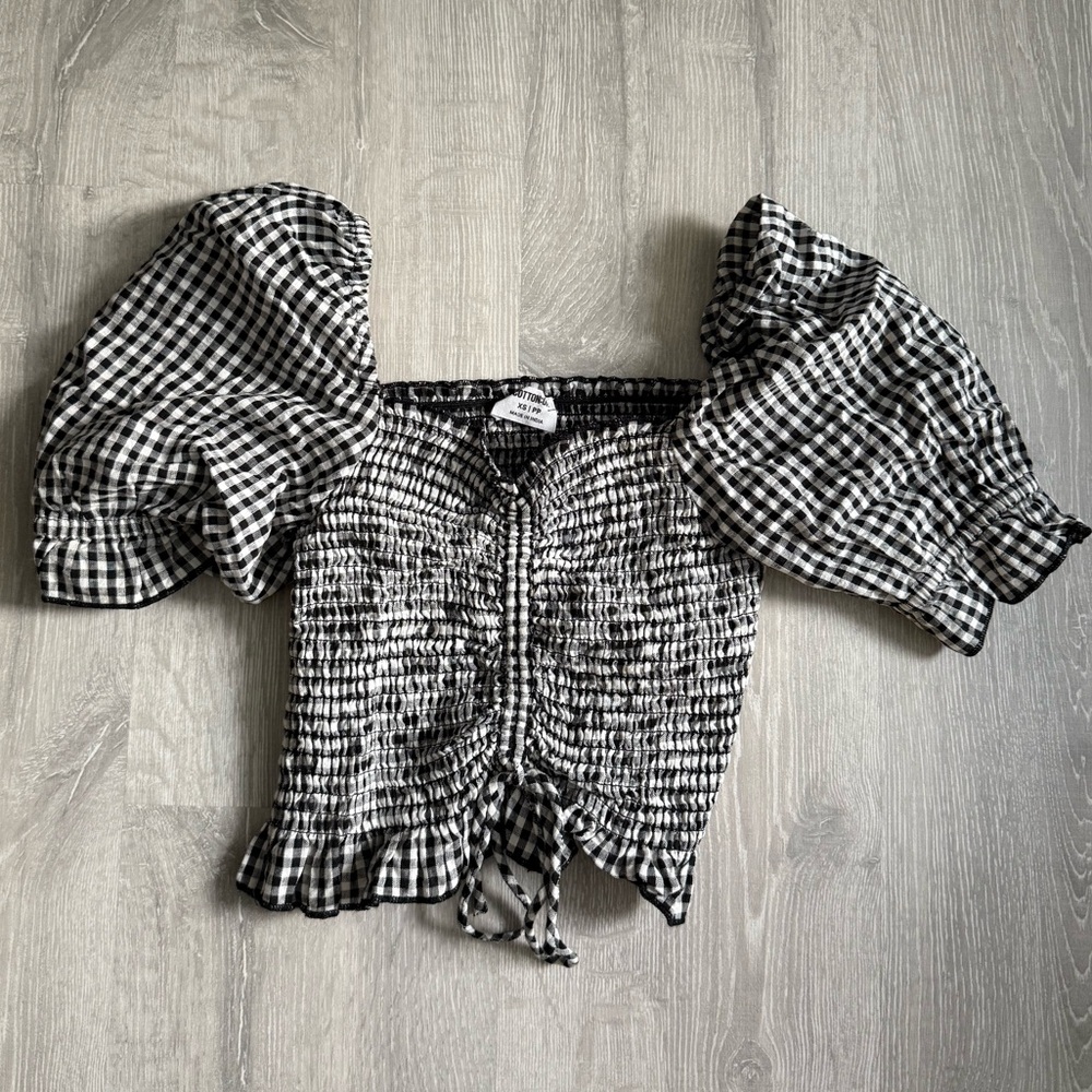 Cotton On Black and White Gingham Puff Sleeve Top
